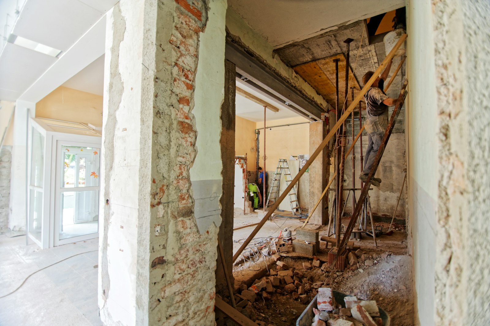 A home renovation in progress showing brickwork and structural building